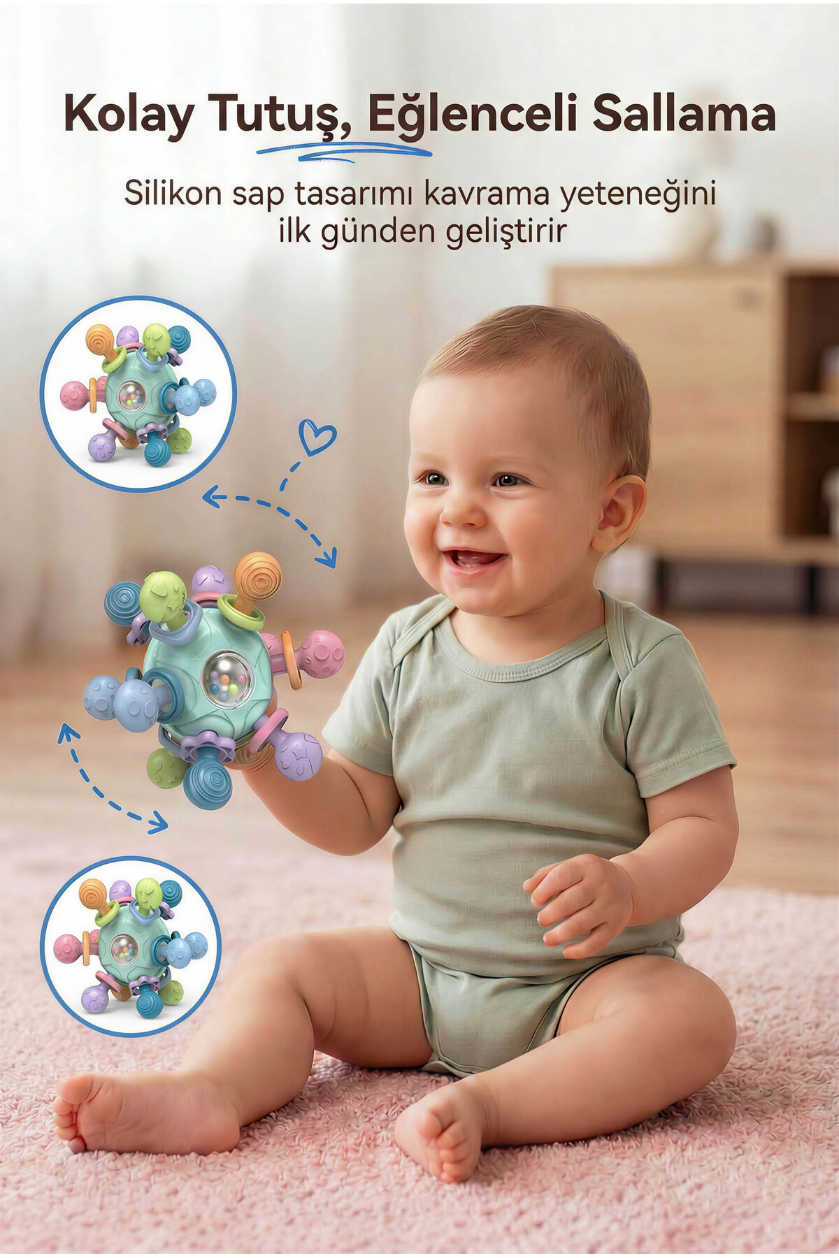 BBSKY Montessori Duyusal Diş Kaşıyıcı Top Eğitici Bebek Oyuncağı Çıngıraklı Güvenli ABS TPE Malzeme fotoğrafı 4 (önizleme)
