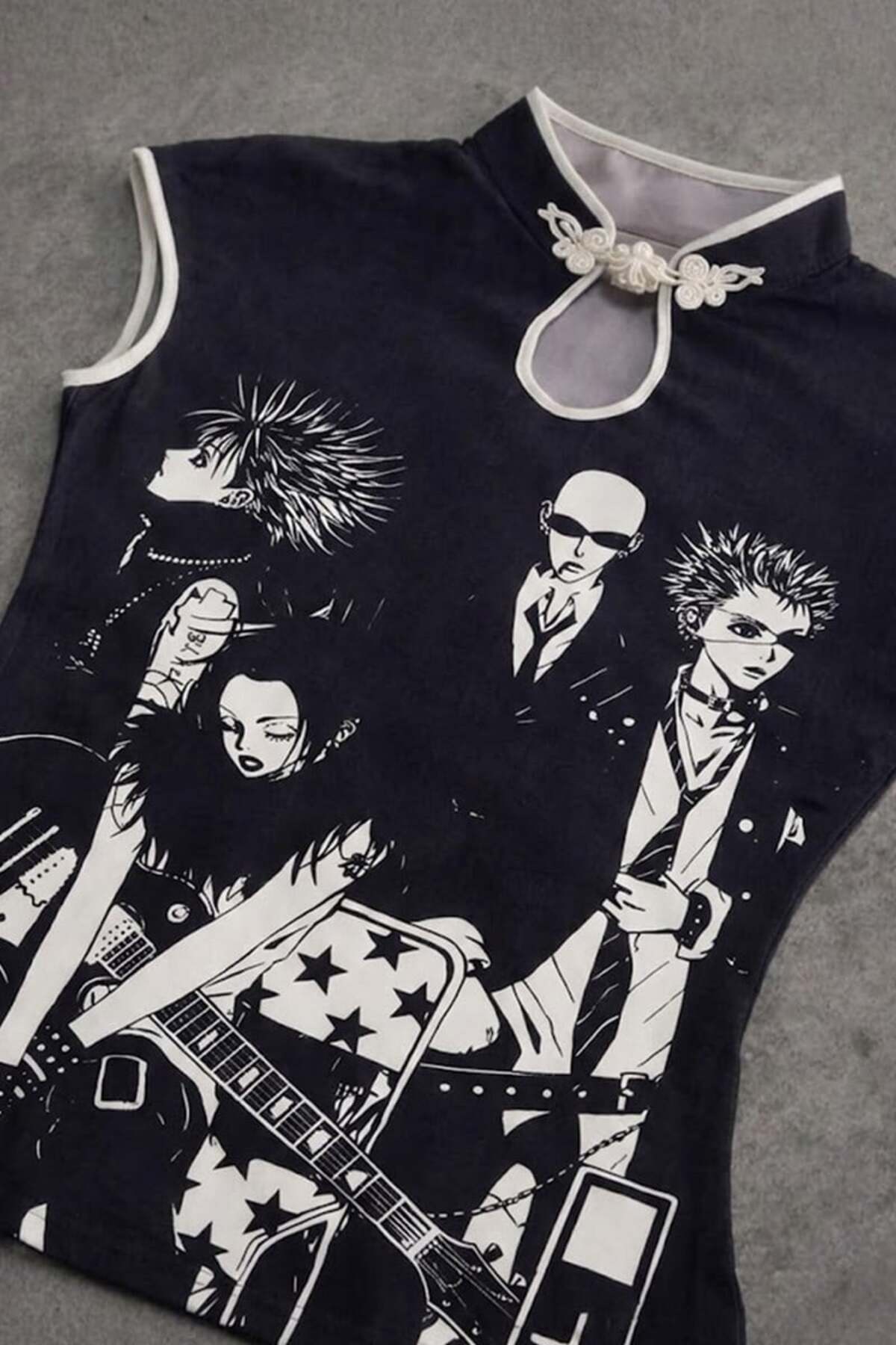 Köstebek Siyah Anime Nana Qipao Vintage Y2K Kısa Kollu Crop