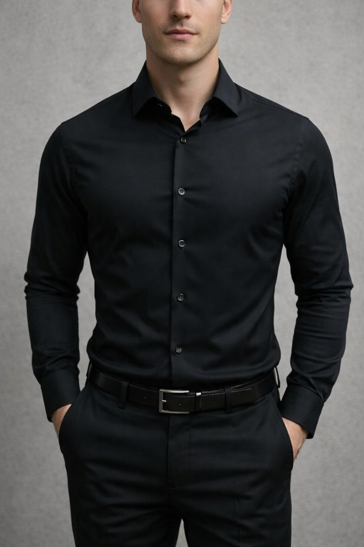 Slim Fit Uzun Kollu Kolay Ütü Teri Emen Nefes Alan Doku Kravatlık Dört Mevsim Erkek Gömlek — مشکی ZKV-5000