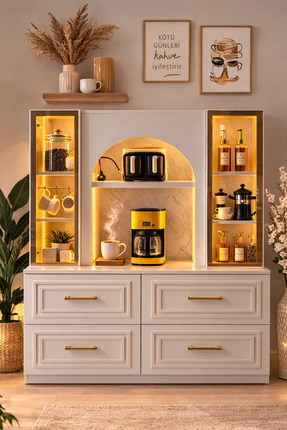 Setay LED Aydınlatmalı Kahve Köşesi – Valencia Bronz Reflekte Cam Vitrinli Ço...