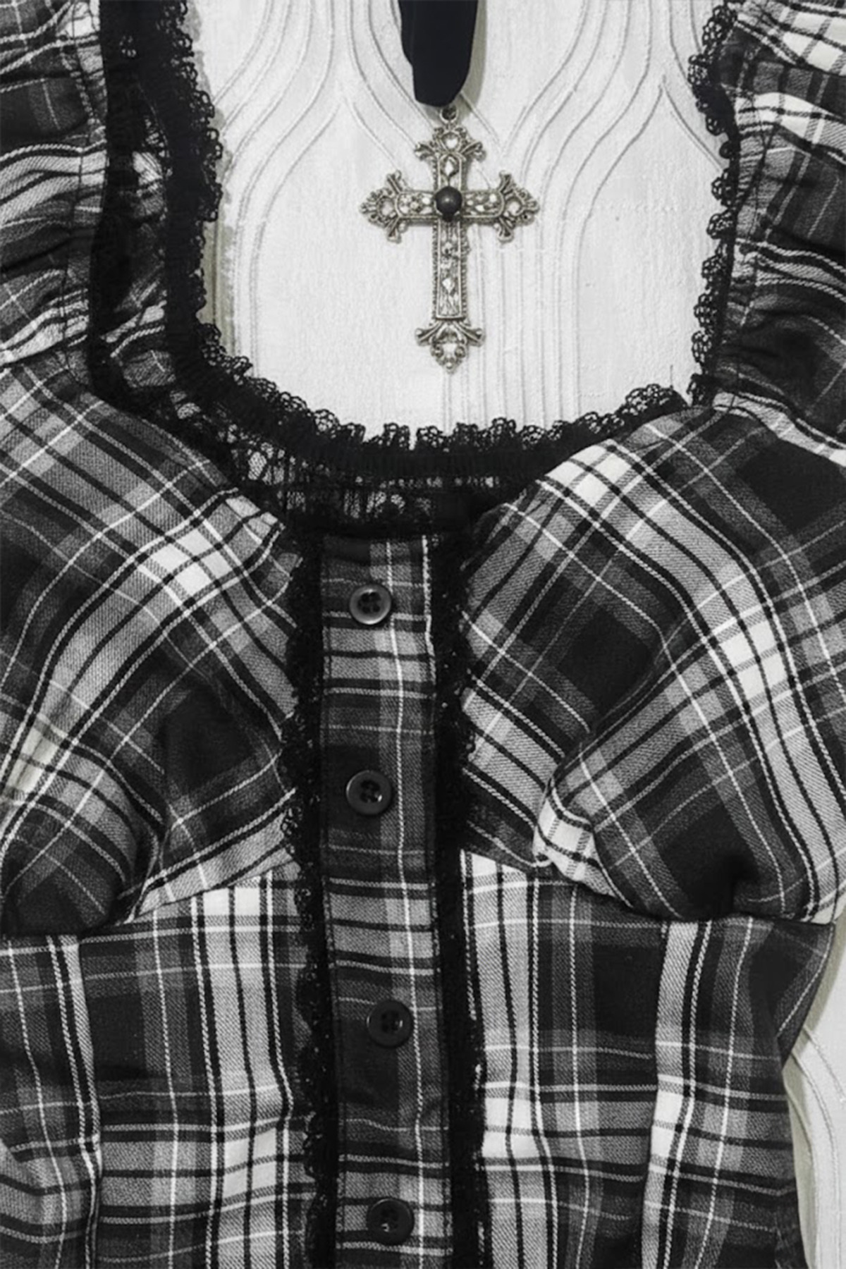 Köstebek  Siyah Beyaz Ekoseli Vintage Dantelli Kare Yaka Y2K Kısa Kollu Crop - Görsel 3