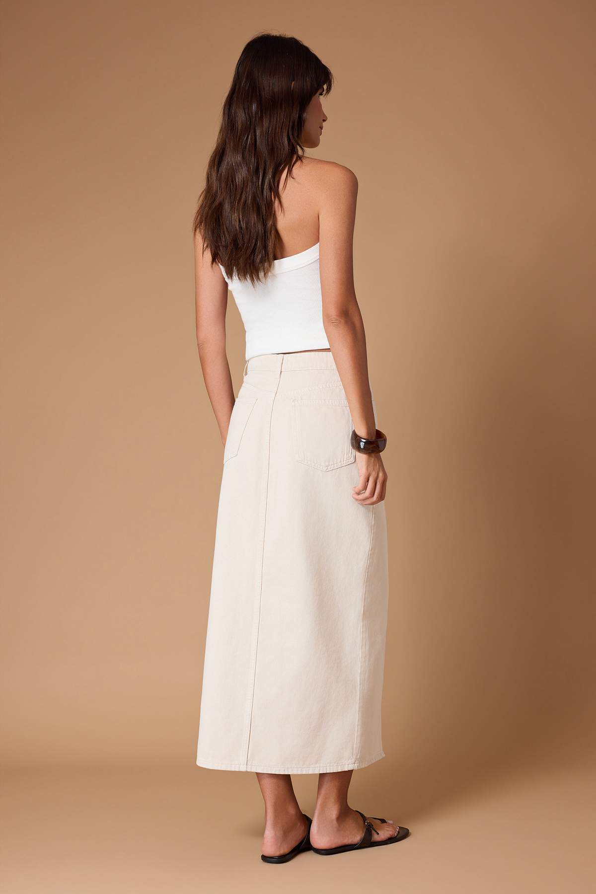 Trendyolmilla  Ekru DÖKÜMLÜ Yırtmaçlı %100 Pamuk Midi Denim Etek TWOSS26ET00094 - Görsel 4