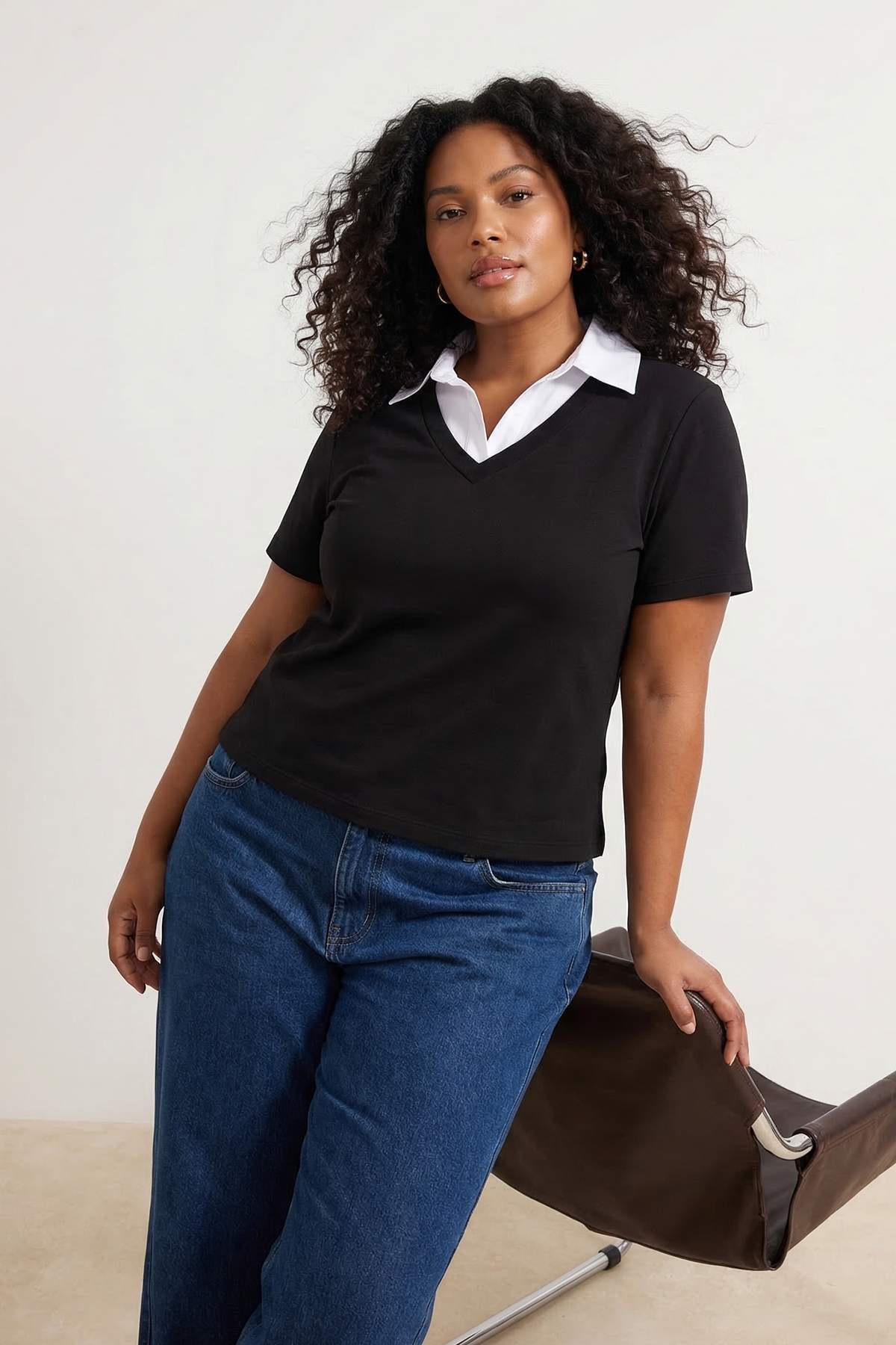 Trendyolmilla Curve Siyah Gömlek Yaka Detaylı Esnek Örme Büyük Beden Bluz TBBSS26AF00097