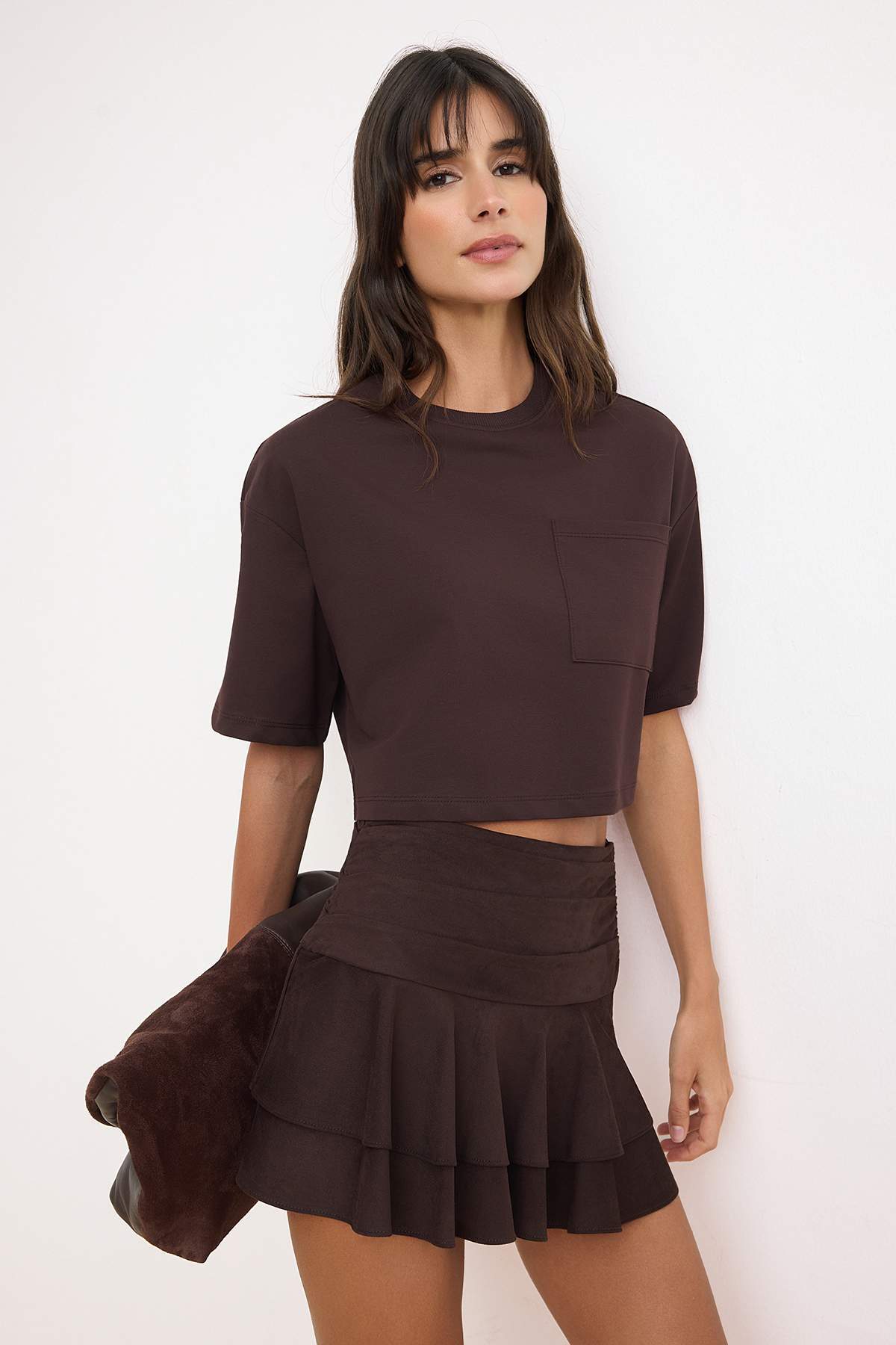 Trendyolmilla Kahverengi Boxy Düşük Kol Kısa Kollu %100 Pamuk Örme T-Shirt TWOSS26TS00185