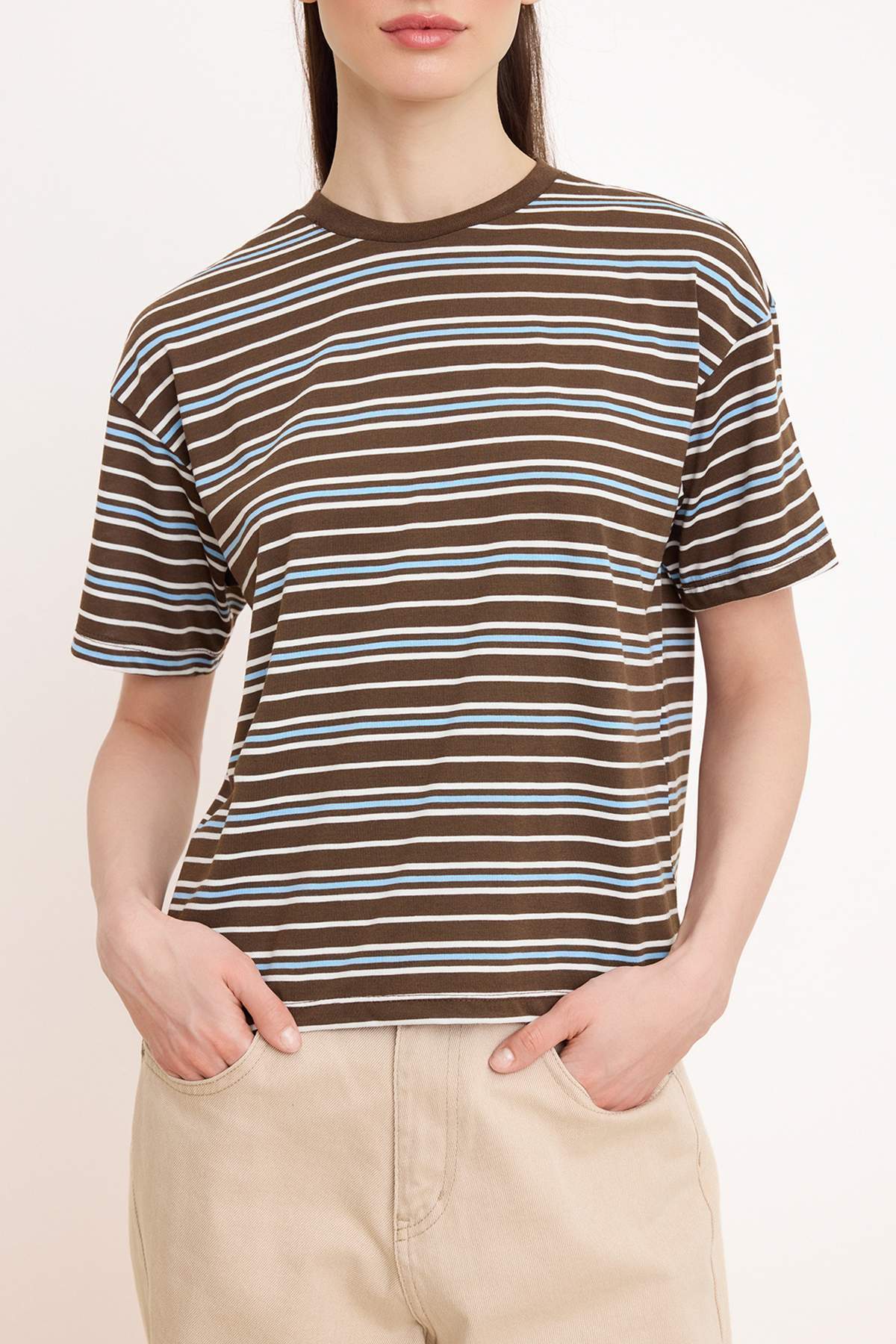 Trendyolmilla  Kahverengi Çizgili Oversize/Geniş Kalıp Kısa Kollu Uzun Tok %100 Pamuk Örme T-Shirt TWOSS26TS00055 - Görsel 3