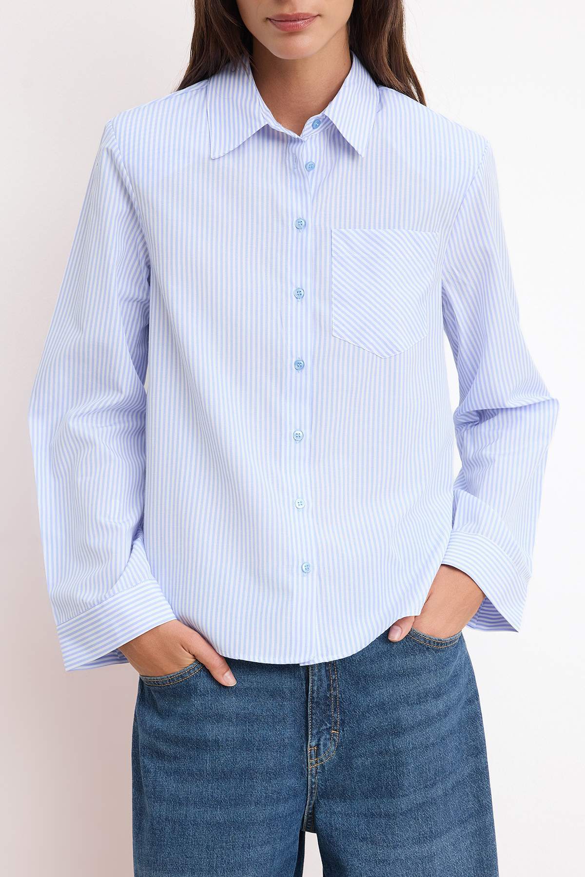Trendyolmilla  Mavi Çizgili Vatka Detaylı Gömlek TWOSS26GO00125 - Görsel 3