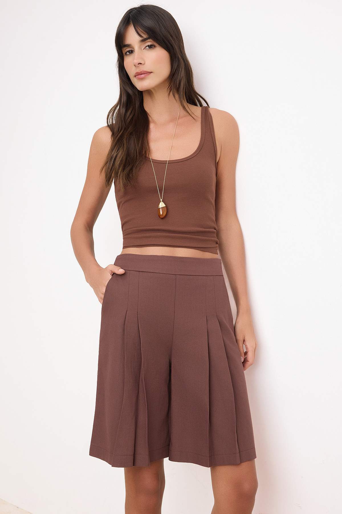 Trendyolmilla  Kahverengi Keten Görünümlü Piliseli Uzun Şort & Bermuda TWOSS26SR00036 - Görsel 2