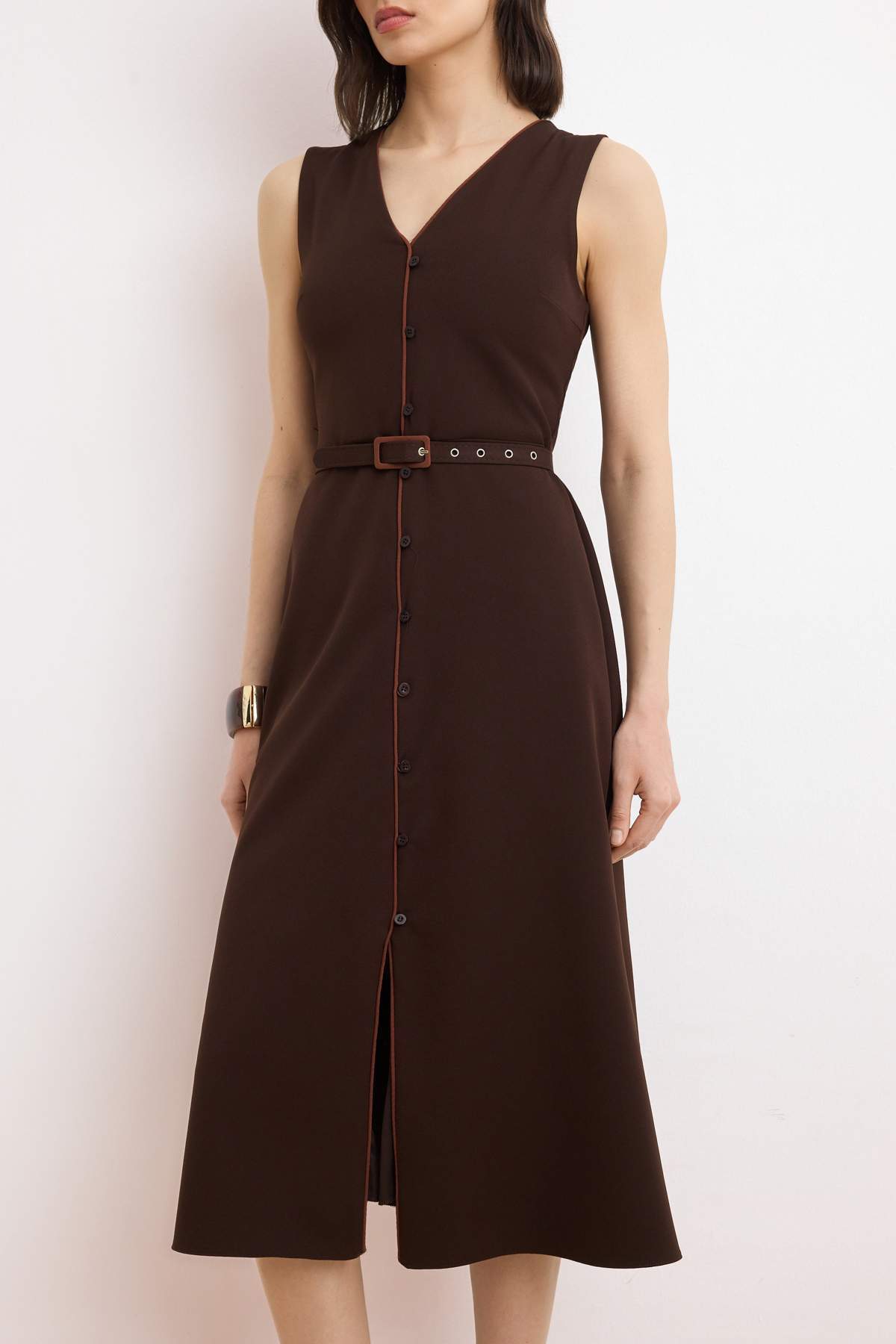 Trendyolmilla  Kahverengi Kemerli Düz A Kesim Kemerli Midi Dokuma Elbise TWOSS25EL00810 - Görsel 3