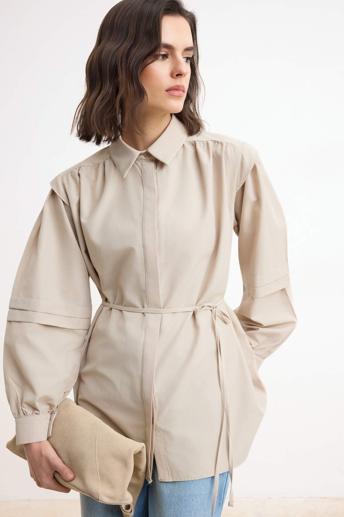 Trendyol Modest Beige Thin Belted Balloon Sleeve Shirt Tctss26Tg00038