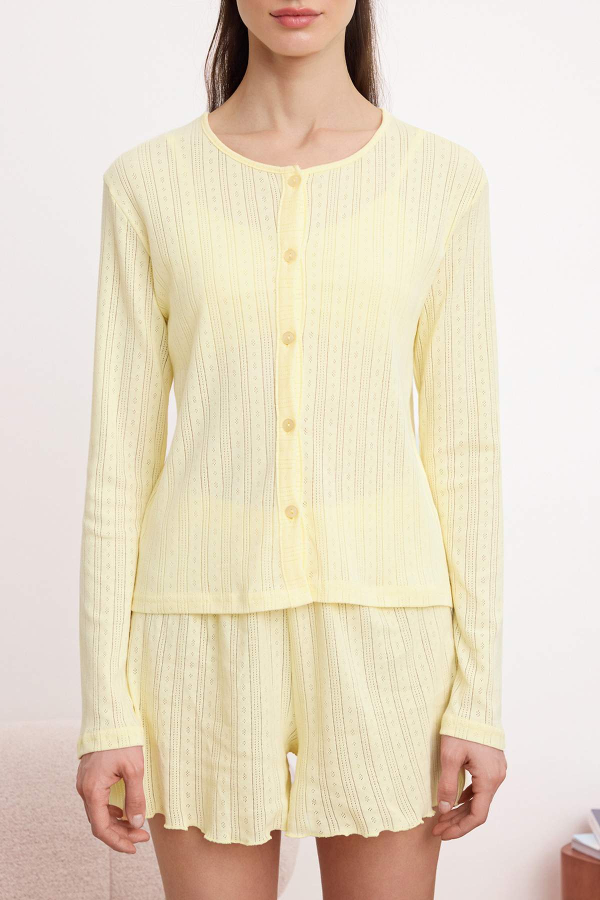 Trendyolmilla  Sarı %100 Pamuklu 3'lü Fitilli/Pointel Örme Pijama Takımı THMSS26PT00161 - Görsel 3