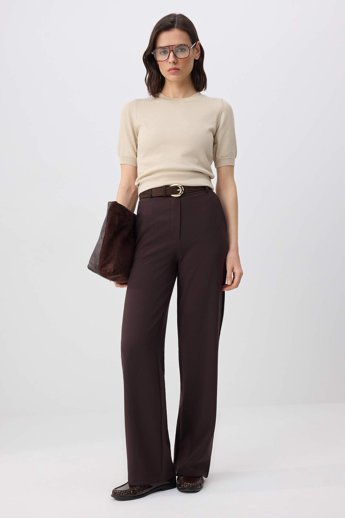 Trendyolmilla  Koyu Kahverengi Geniş Paça Wide Leg Bootcut Dokuma Kumaş Pantolon TWOAW21PL0332 - Görsel 2