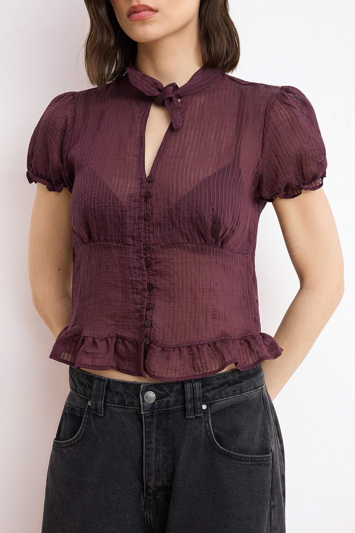 Trendyolmilla  Mürdüm Düğmeli Hafif Bedene Oturan Gömlek TWOSS26GO00112 - Görsel 3