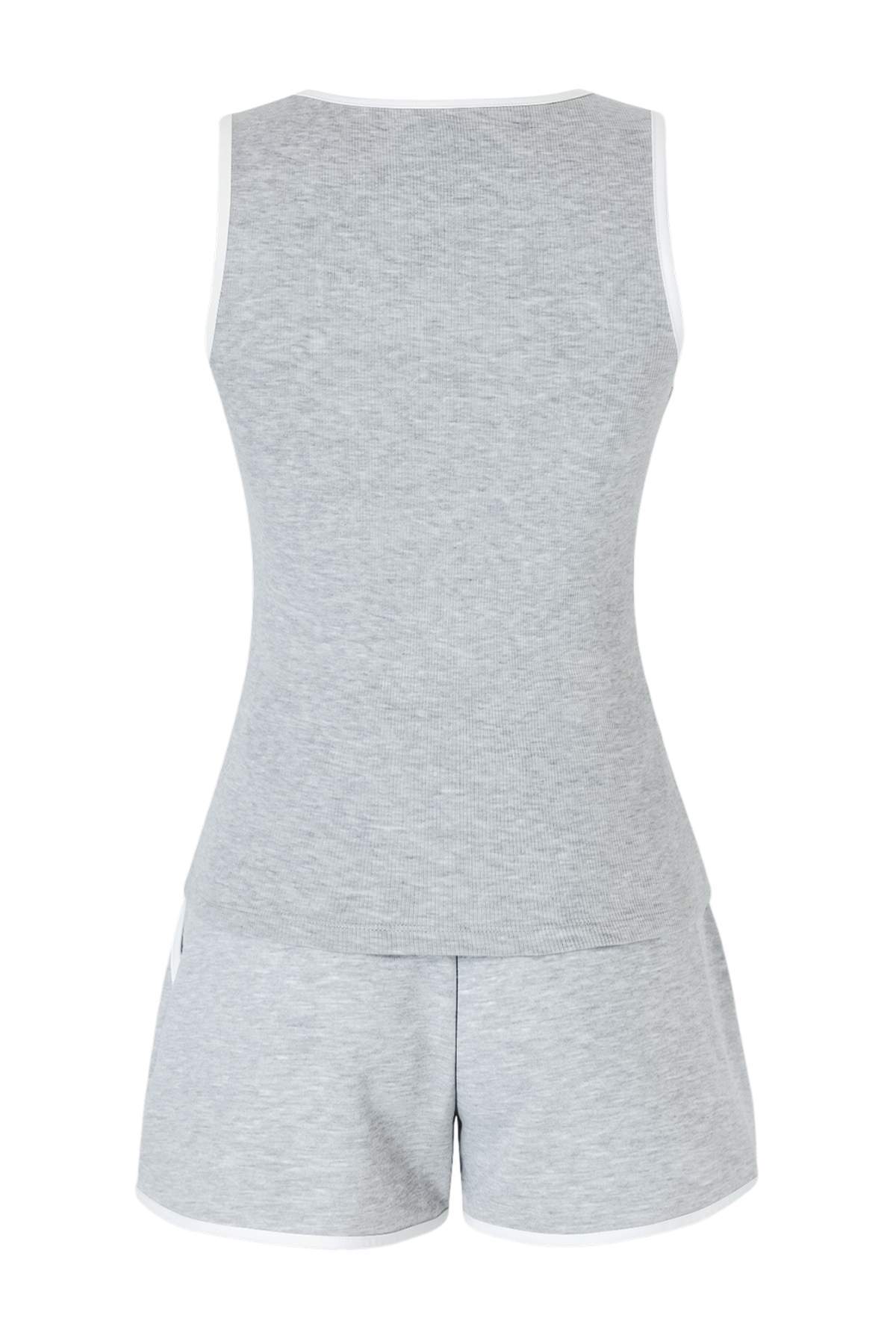 Trendyolmilla  Gri Melanj Renk Bloklu Fitted/Vücuda Oturan Cepli Fitilli Esnek Örme Alt-Üst Takım TWOSS26AU00081 - Görsel 6