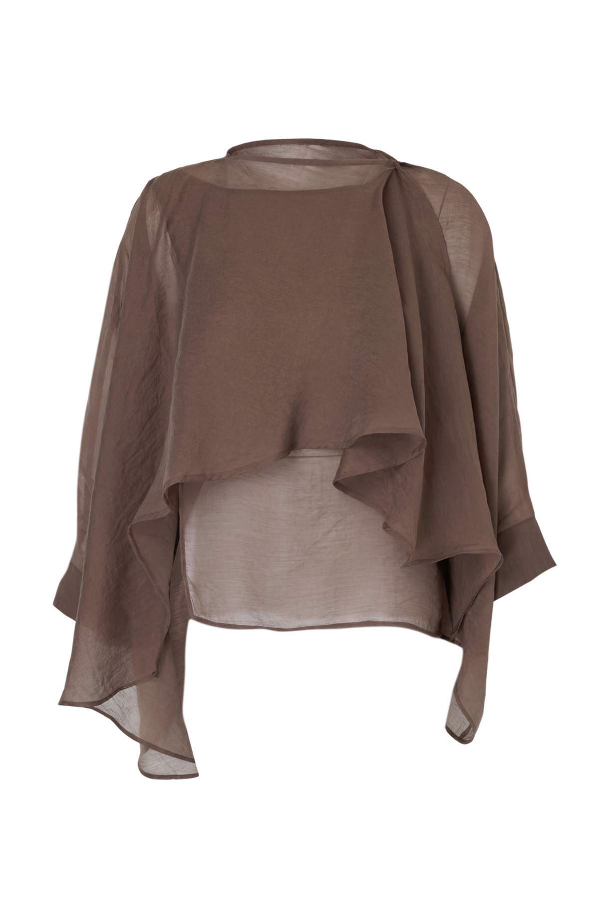 Trendyolmilla  Kahverengi Önü Düğme Detaylı Oversize İnce Dökümlü Dokuma Bluz TWOSS26BZ00653 - Görsel 3