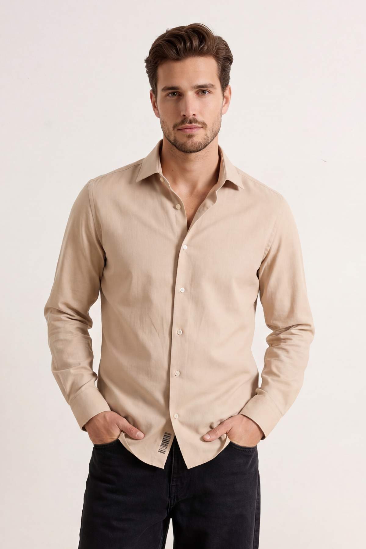 Trendyolmilla Man Bej Normal Kalıp/Regular Fit Keten Görünümlü Mevsimlik Erkek Dokuma Gömlek TMNSS26GO00007