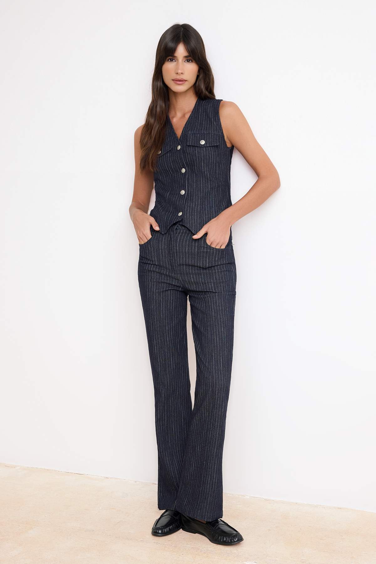 Trendyolmilla  Koyu Mavi Orta Esnek Düğmeli ve Cepli Denim Alt - Üst Takım TWOSS26AU00157