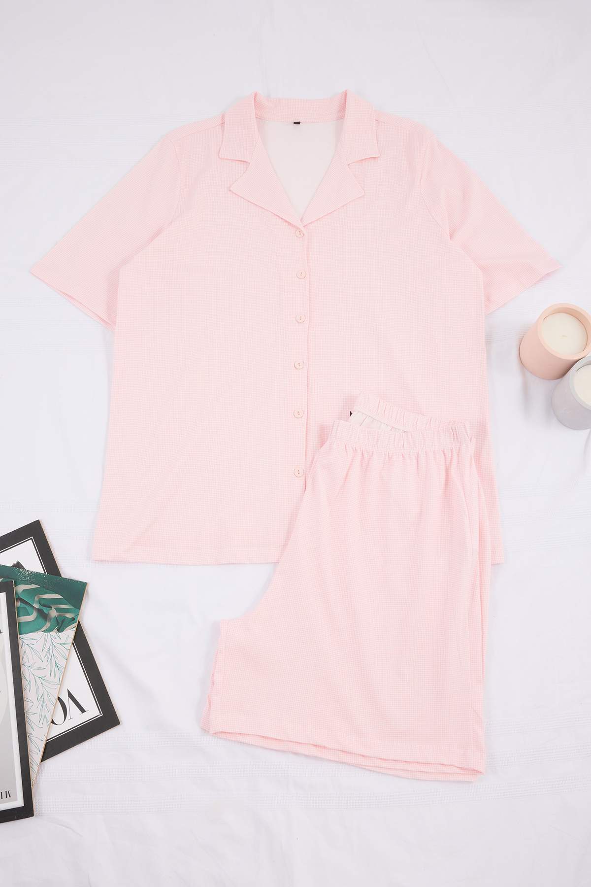 Trendyolmilla Curve Pembe Desenli Gömlek Yaka Örme Büyük Beden Pijama Takımı TBBAW26AI00060