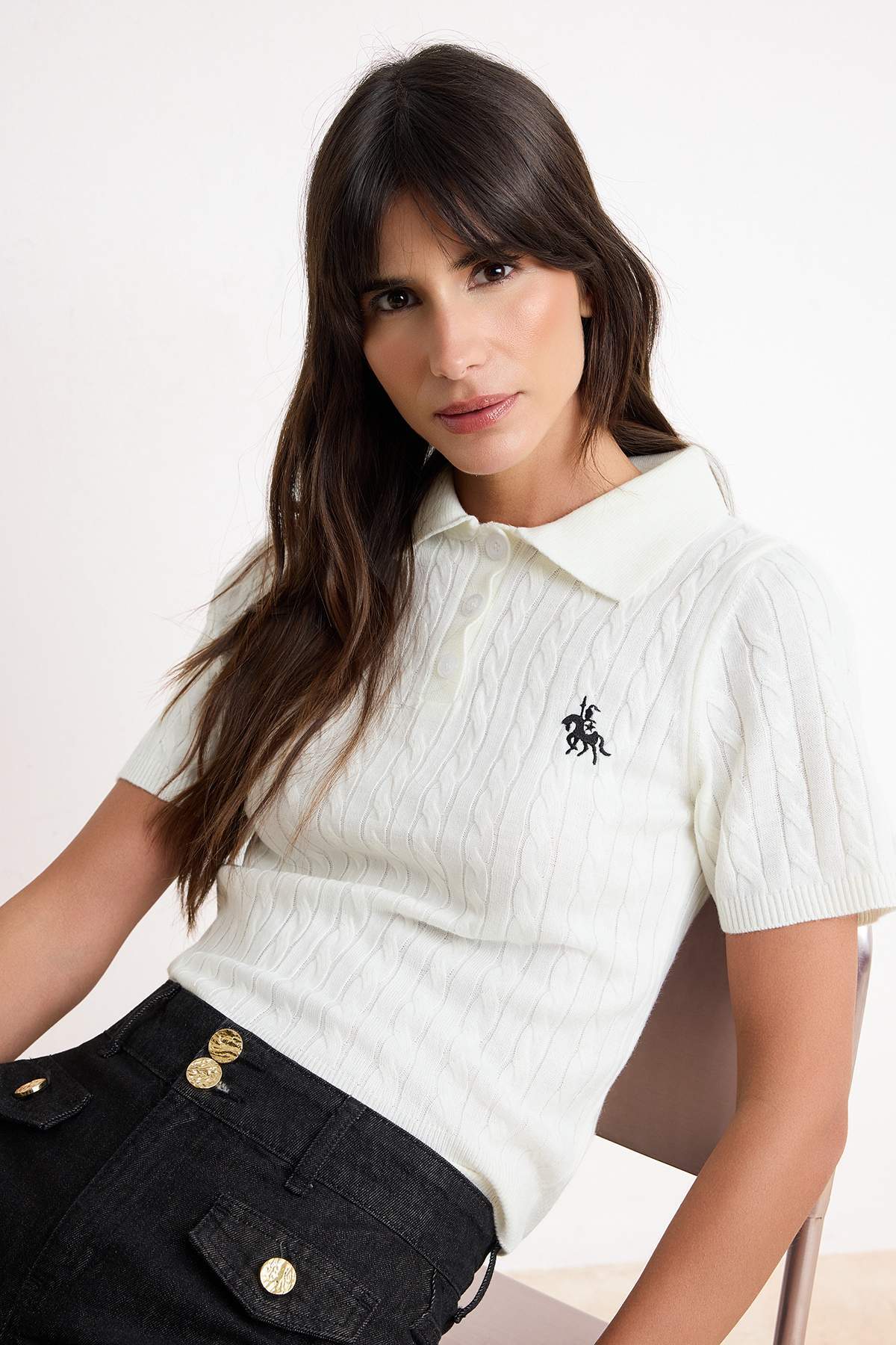 Trendyolmilla  Ekru At Nakışlı Polo Yaka Saç Örgü Triko Bluz TWOSS26BZ00163