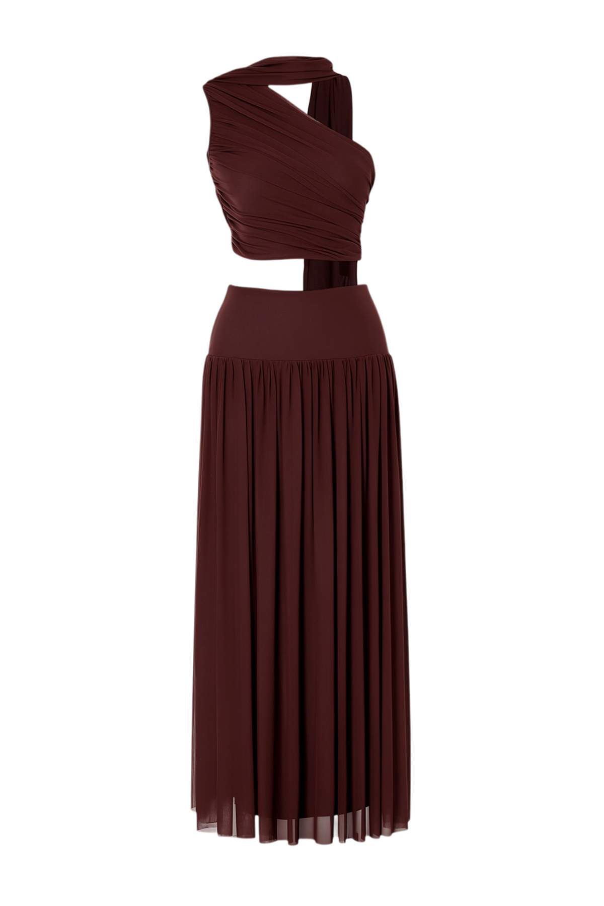 Trendyolmilla  Kahverengi Asimetrik Yaka Kolsuz Tül Party Etek-Bluz Takım TPRSS26AU00004