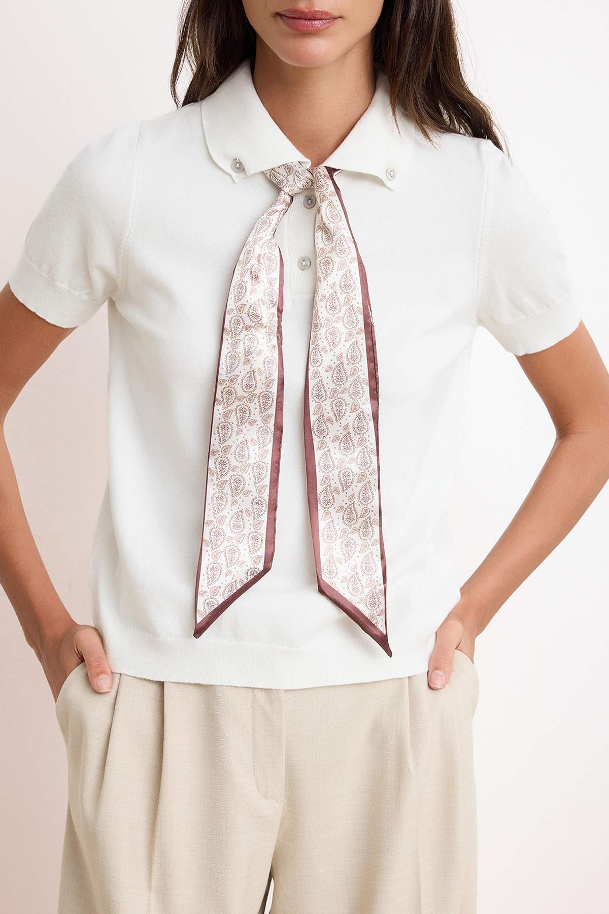 Trendyolmilla  Ekru Fular Detaylı Premium İplik/ Özel İplik Triko Bluz TWOSS26BZ00159 - Görsel 3