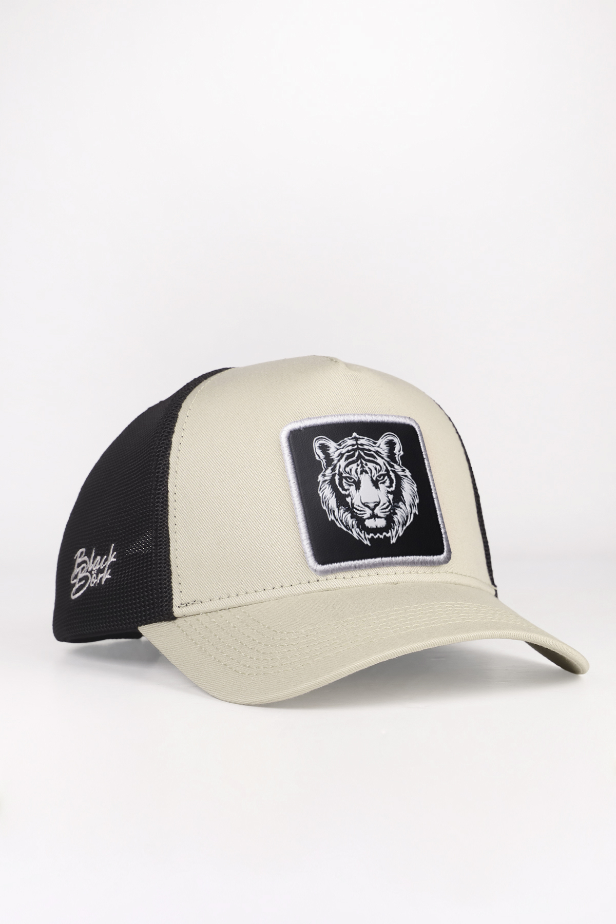 Beige-Black Trucker Hat with Tiger Logo