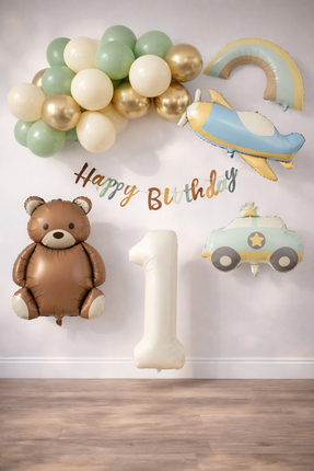 Patladı Gitti Retro 1 Yaş Doğum Günü Seti; Uçak, Araba, Gökkuşağı, Ayıcık ve ...