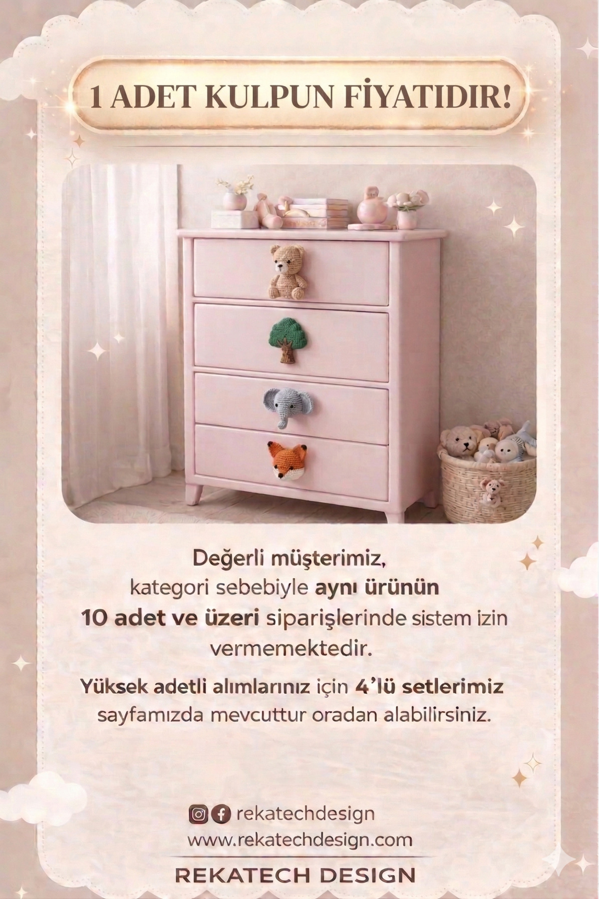 Rekatech KURT FİGÜRLÜ KULP Çocuk Odası Örgü Desenli Dekoratif Çekmece Kulpu Hayvan Figürlü Dolap Kulbu fotoğrafı 2 (önizleme)