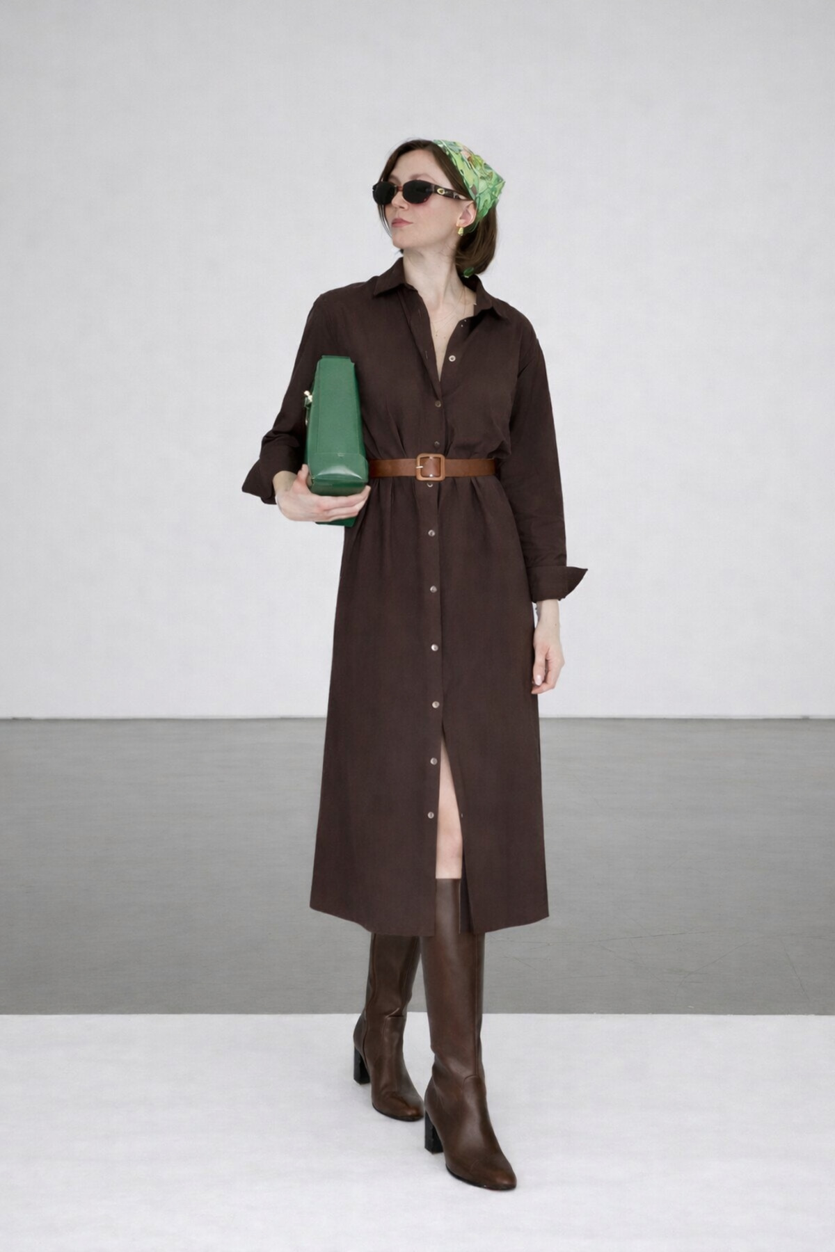 Women's Coffee Cotton Viscose Belted Midi Shirt Dress