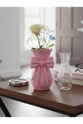 MİR STORE Fiyonklu Dekoratif Vazo – Pudra Pembe