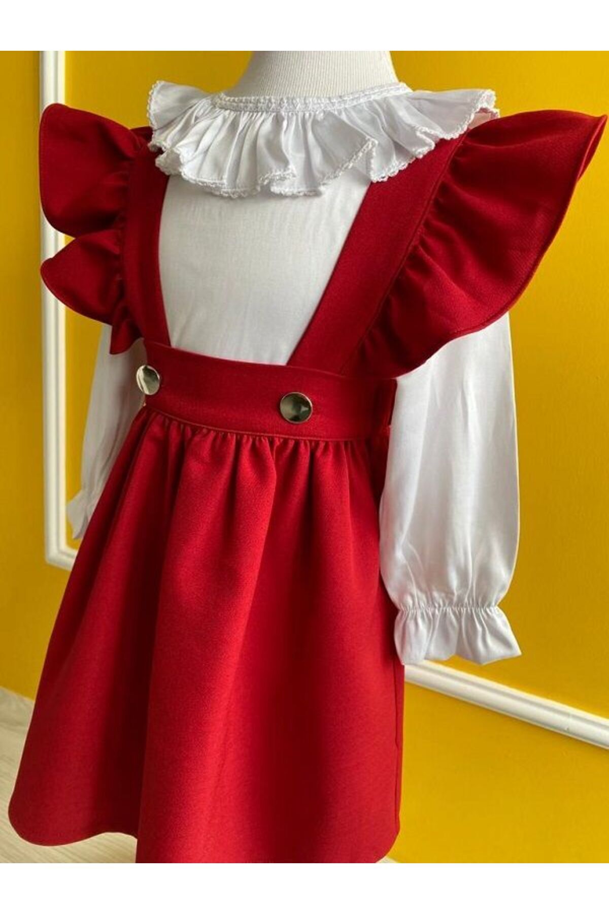 Genel Markalar Fırfırlı Gömlekli Kız Bebek Kız Çocuk Kırmızı Elbise fotoğrafı 4 (önizleme)