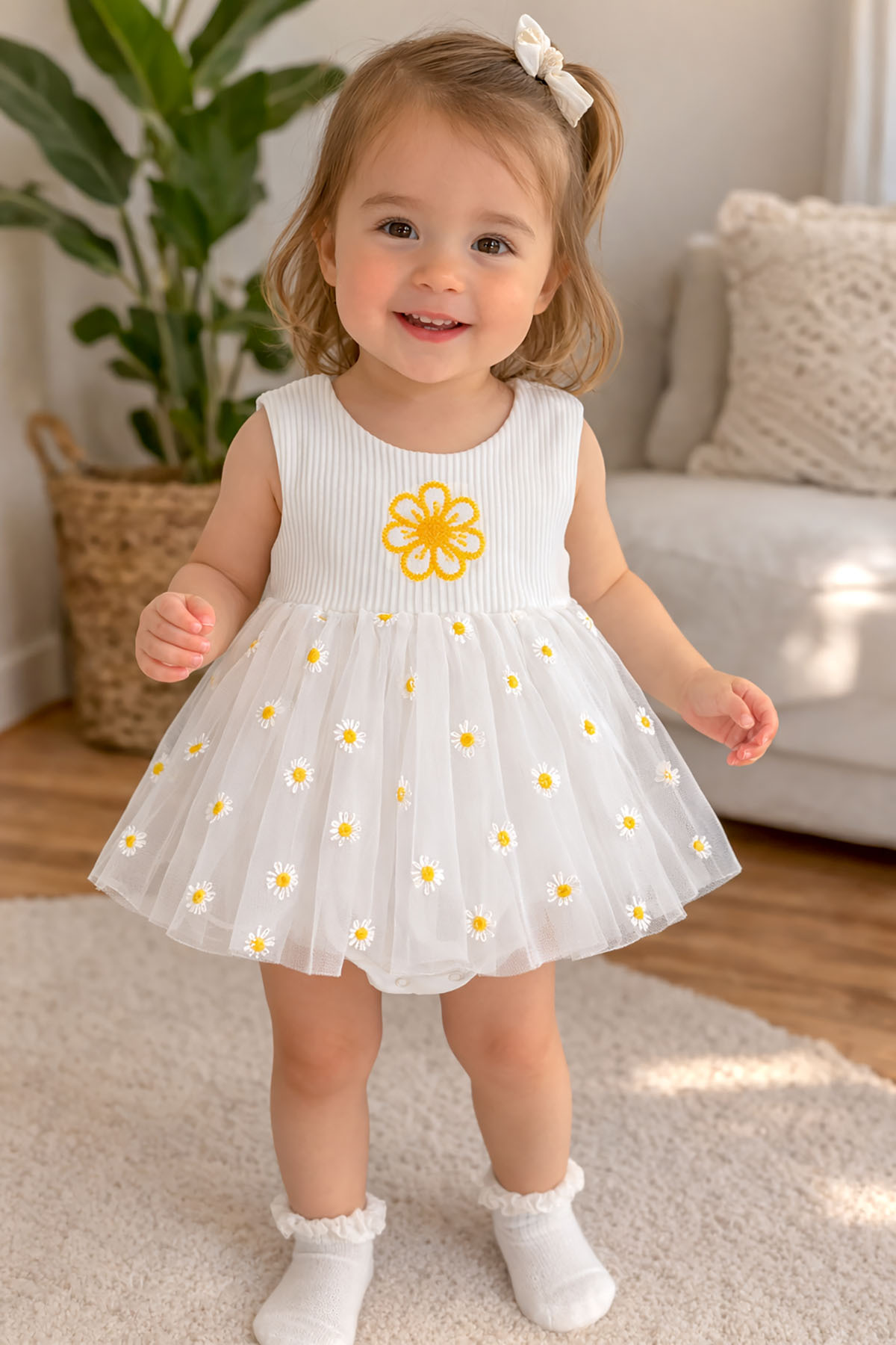 Beniizle  Papatya Nakışlı Yazlık Tüllü Çıtçıtlı Zıbın Elbise (%100 PAMUK)