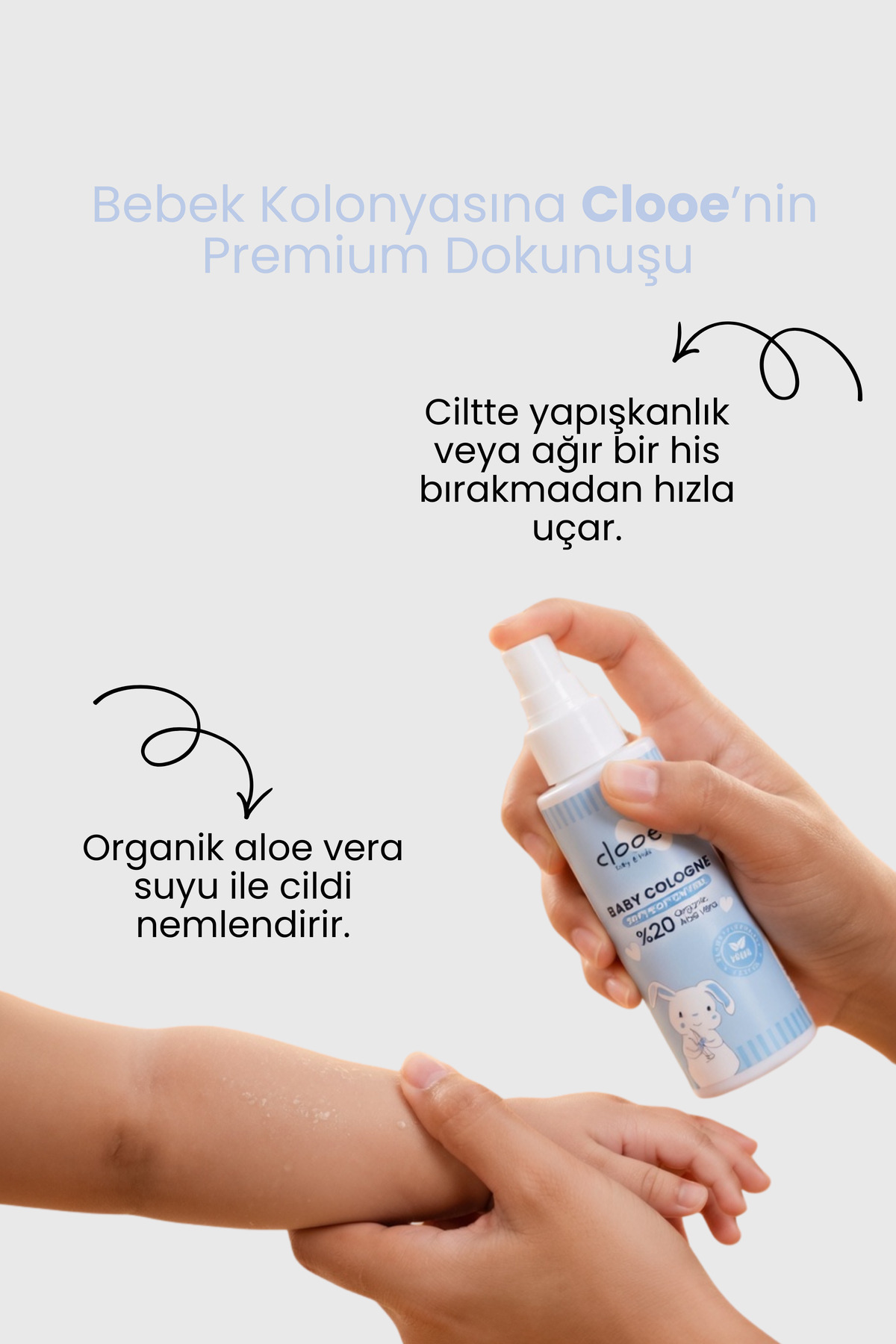 clooe Vegan Organik Aloe Vera Özlü Nemlendirici Pamuksu Bebek Kolonyası Çanta Boyu 40 ml fotoğrafı 5 (önizleme)