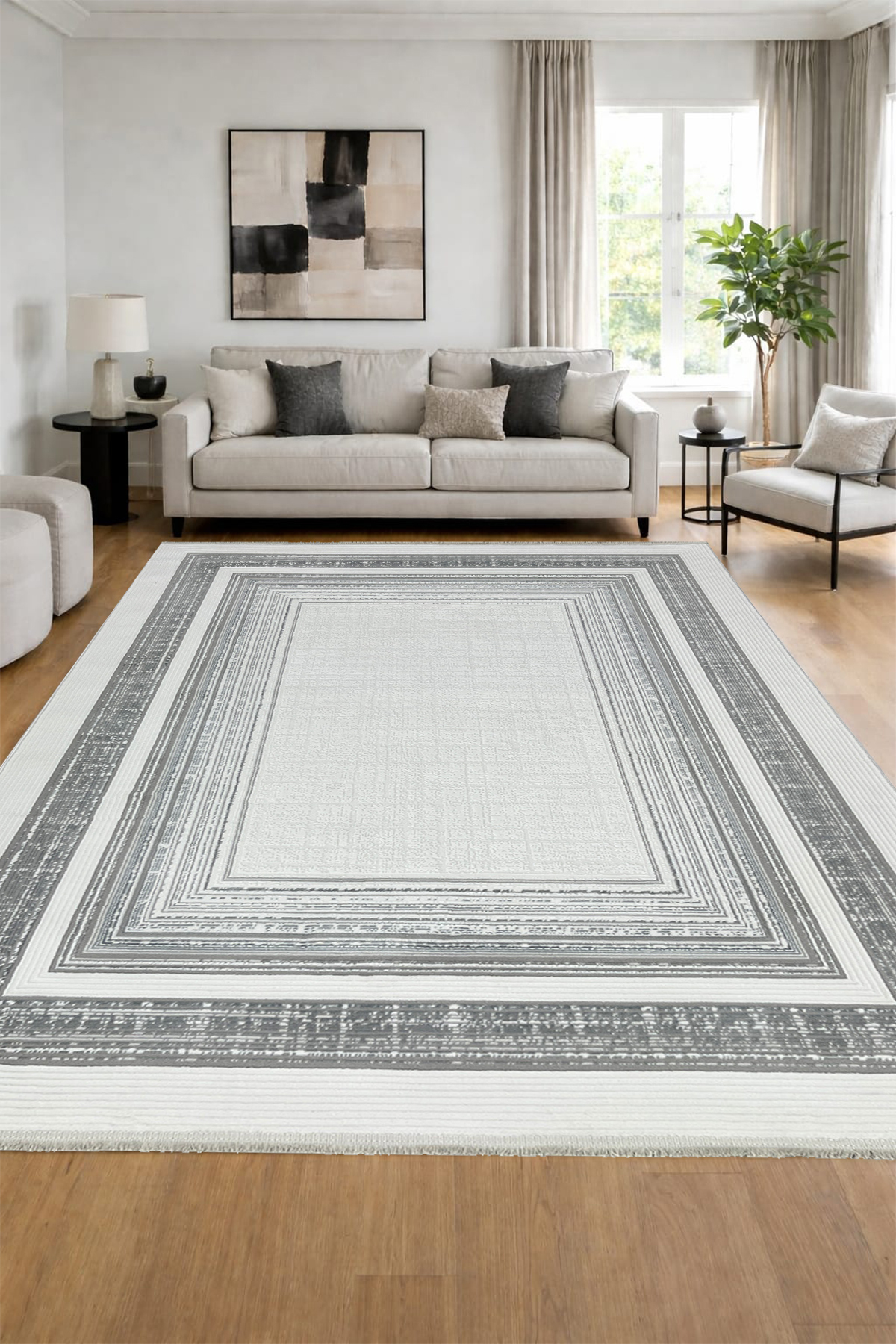 4 Square Meters - 6 Square Meters Thick Modern Woven Living Room Kitchen Rug Antiallergic Grey White