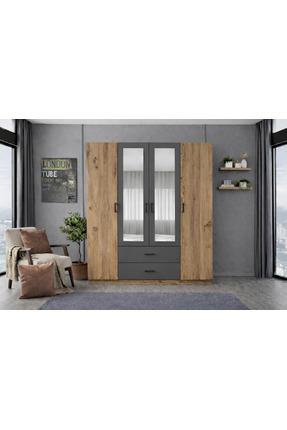 Noiss LATRE 4 KAPAKLI GARDIROP - ANTIK CAM & ANTRASİT - ÇEKMECELİ RAFLI AYNALI