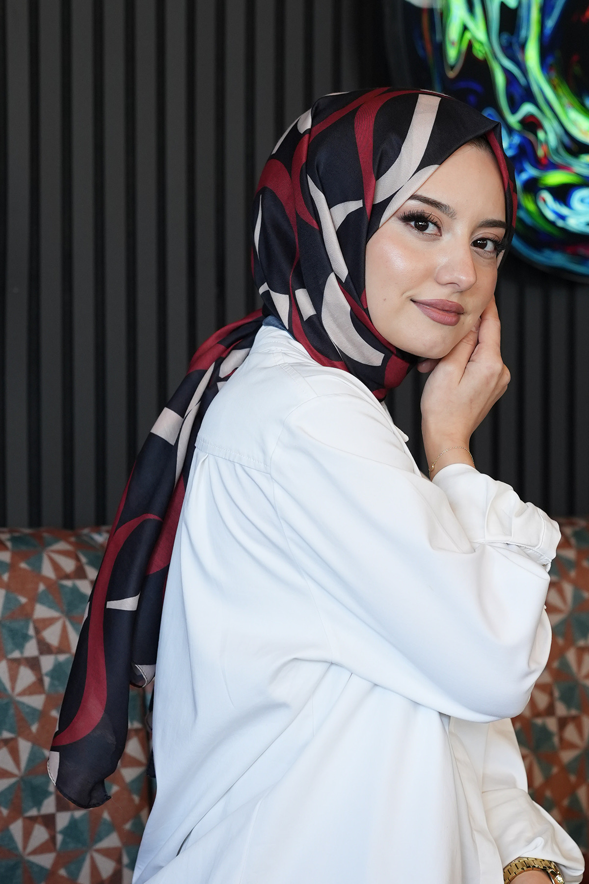 AFVENTE  Geometrik Desen Kırmızı Soft Pamuk Şal - Görsel 6