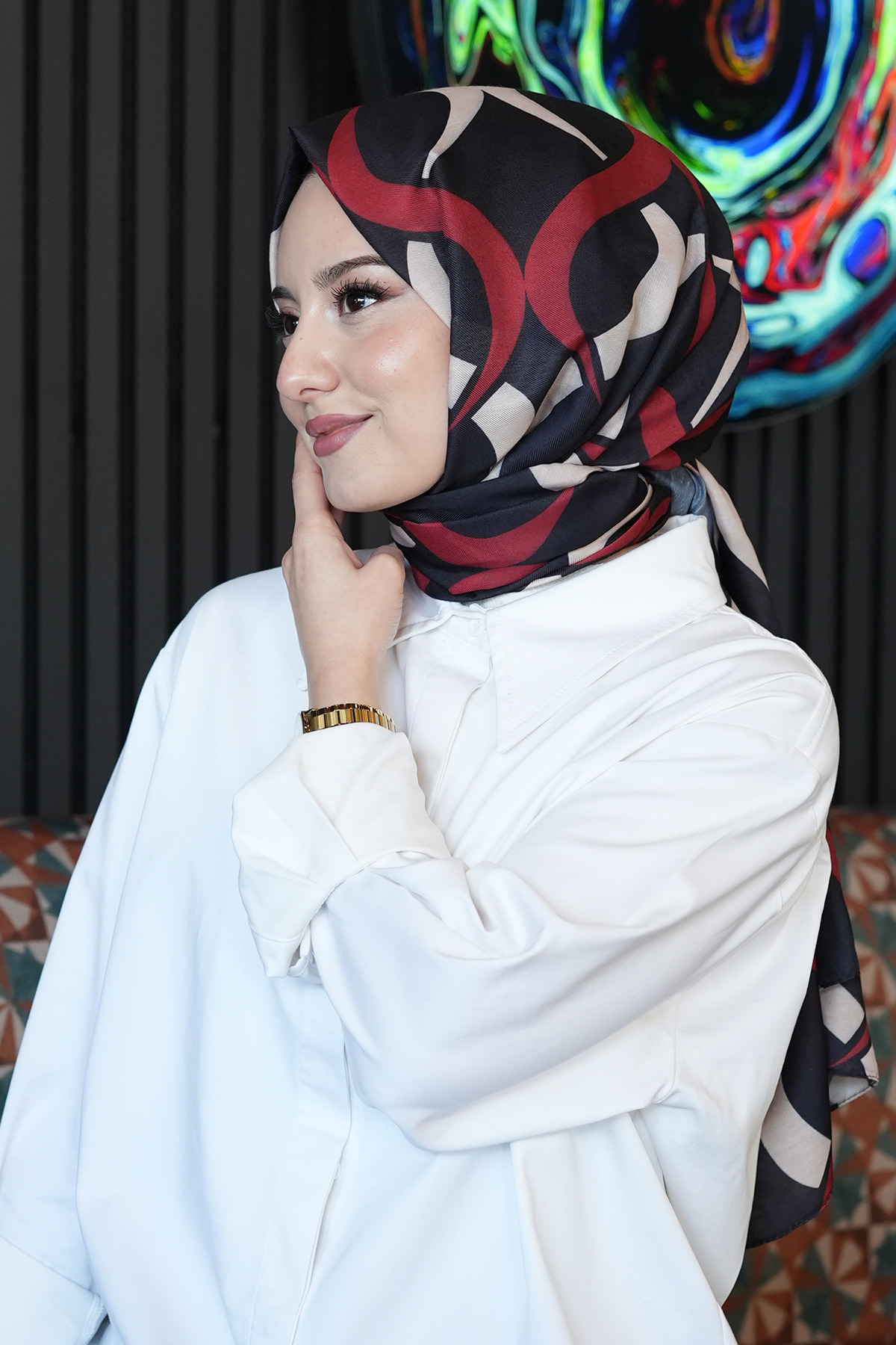 AFVENTE  Geometrik Desen Kırmızı Soft Pamuk Şal - Görsel 5