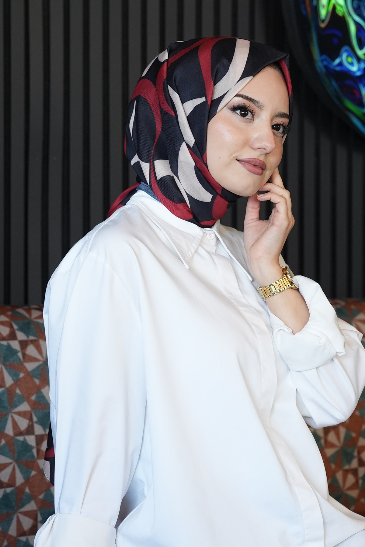 AFVENTE  Geometrik Desen Kırmızı Soft Pamuk Şal - Görsel 4