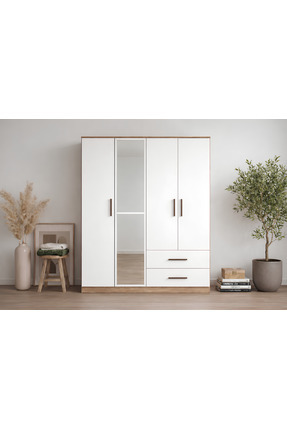 Noiss ZİTA 4 KAPAKLI GARDIROP - ANTIK CAM & MAT BEYAZ - ÇEKMECELİ RAFLI AYNALI