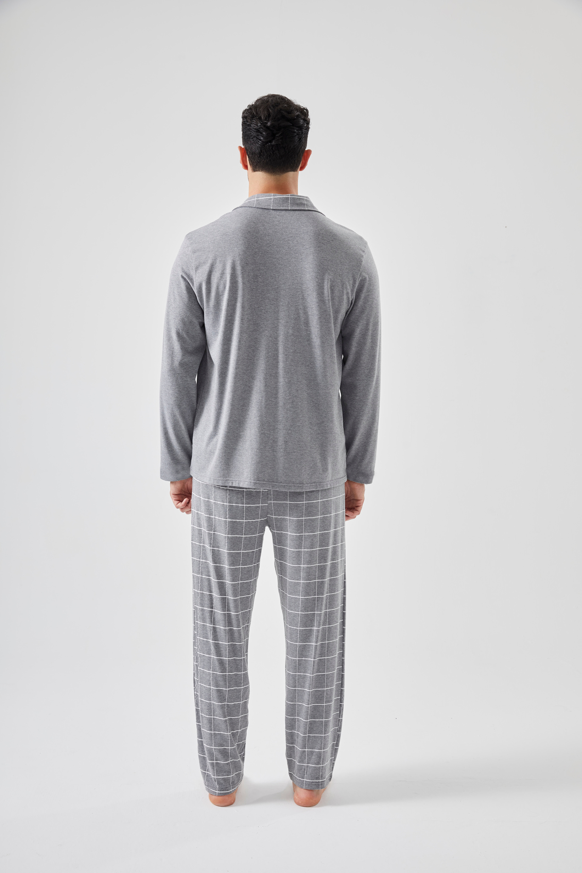 koza iç giyim Erkek Pamuklu Gri Ekose Desenli Uzun Kollu Cep Detaylı Gömlek Yaka Pijama Takımı görsel 4