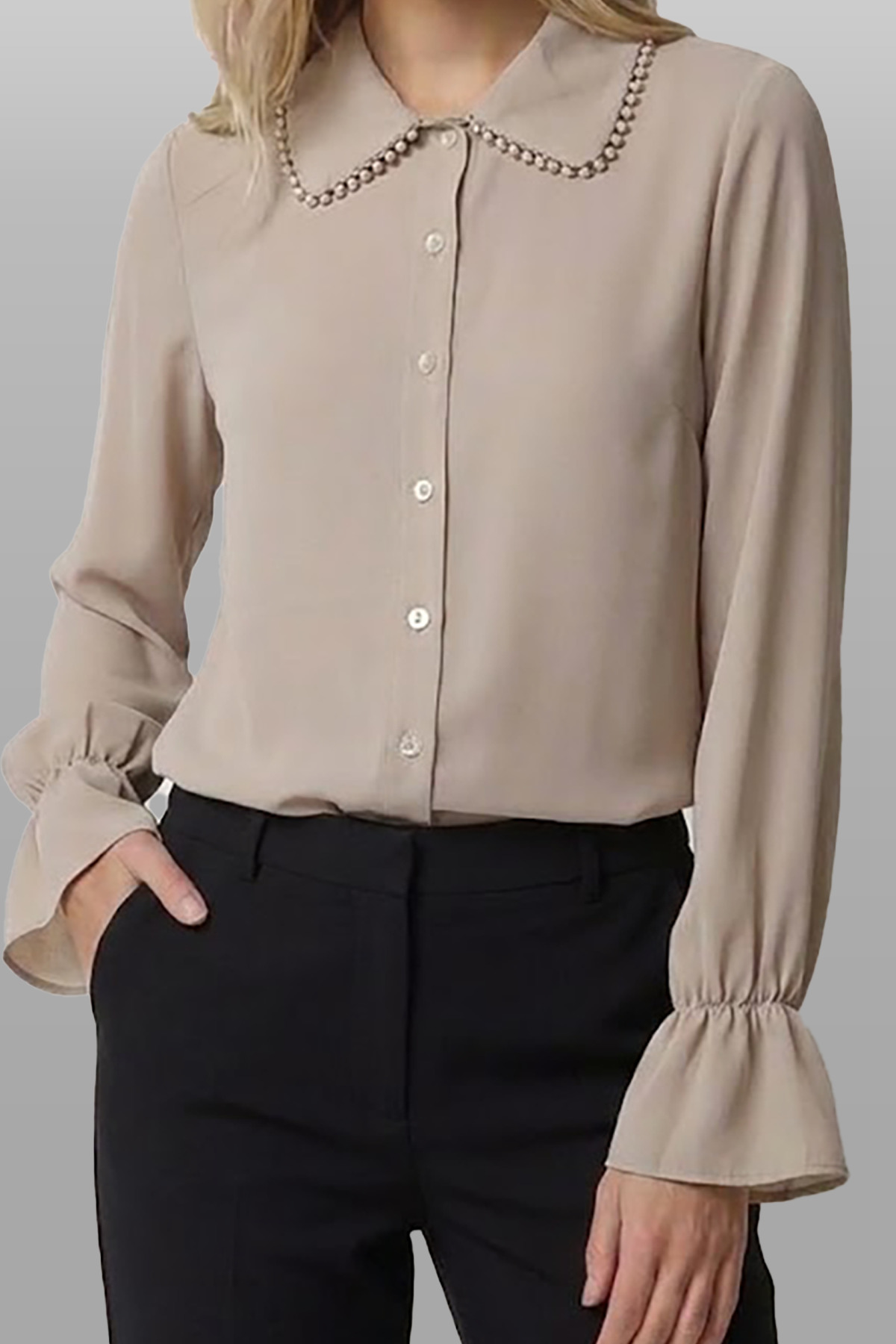 Fumel  Kadın Bej Büzgülü Kol Dantenli Yaka Detaylı Dokuma Gömlek