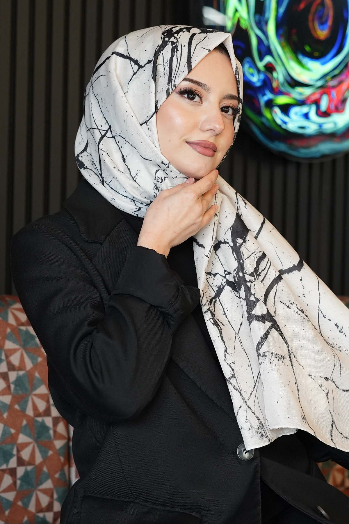 AFVENTE  Mermer Desen Beyaz Soft Pamuk Şal - Görsel 3