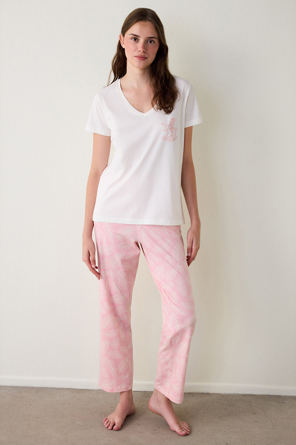 Penti Mix Pink Floral Pattern Cotton V Neck Short Sleeve Pyjamas Set Pajama Set