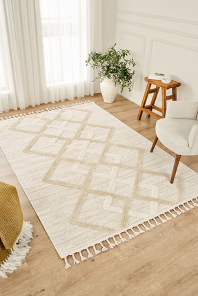 SANRUGS Home & Living Bukleli Yumuşak Peluş Post Krem Beyaz Oturma Odası Salo...