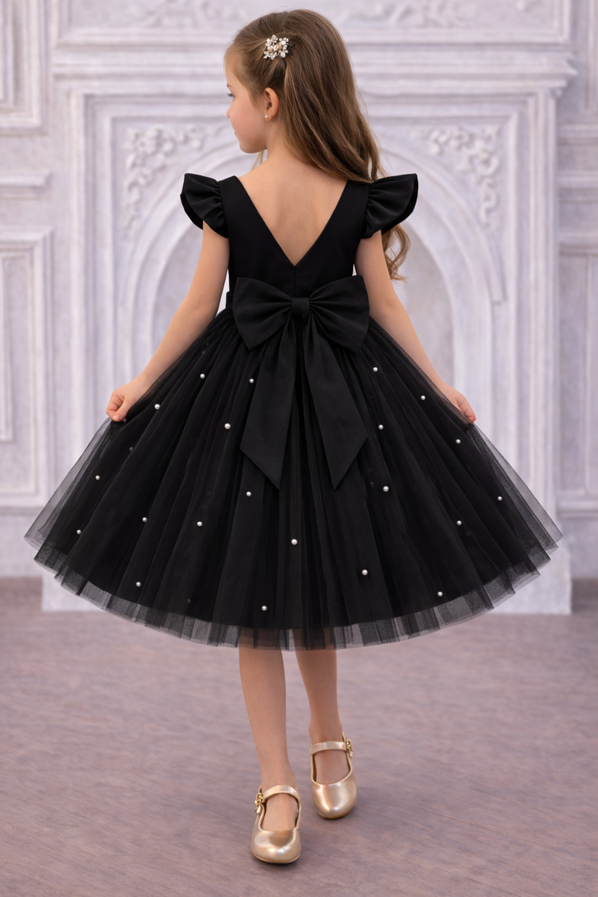 NSMLFE Girl's BLACK Bow Detailed Pearl Graduation Birthday Party Dress  Princess Dress- Trendyol