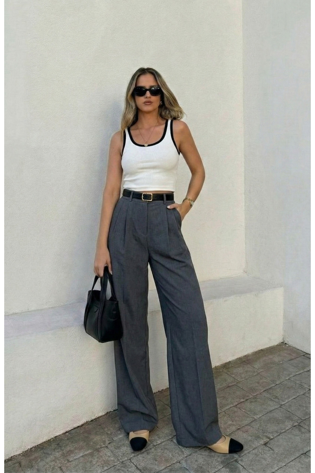 leymoda  Kadın Pileli Pantolon Yüksek Bel Palazzo Kumaş Pantolon - Görsel 2