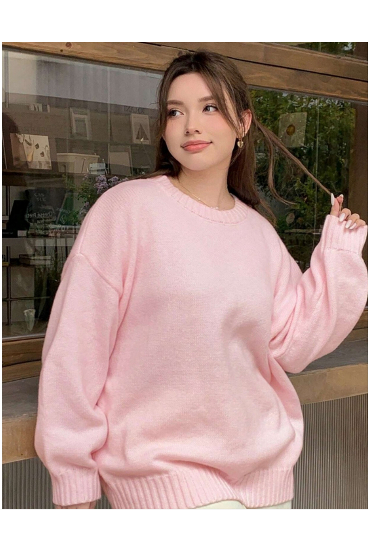 MODASPARK  Pembe Bisiklet Yaka Oversize Triko Kadın Kazak - Görsel 6