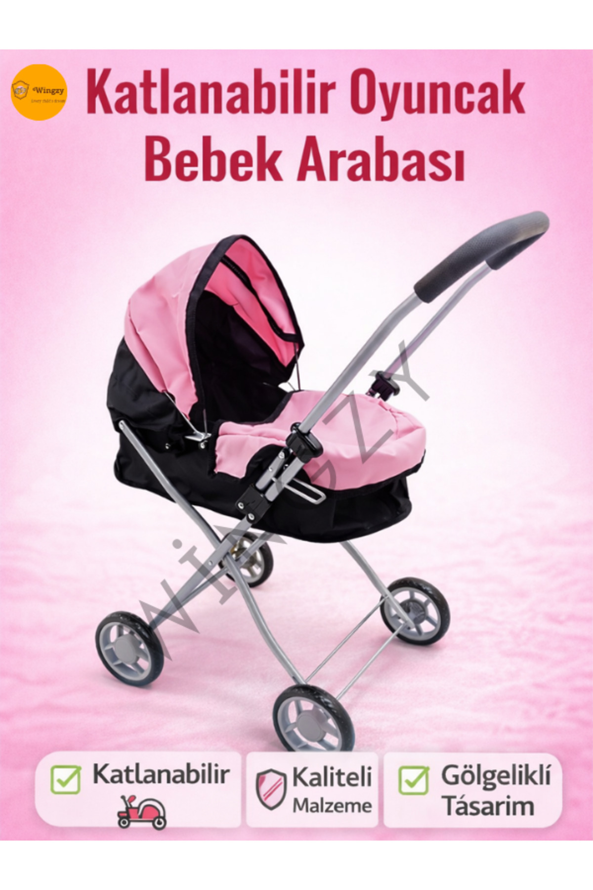 Katlanabilir Oyuncak Bebek Arabası Puset Gölgelikli Metal Bebek Arabası Oyuncak