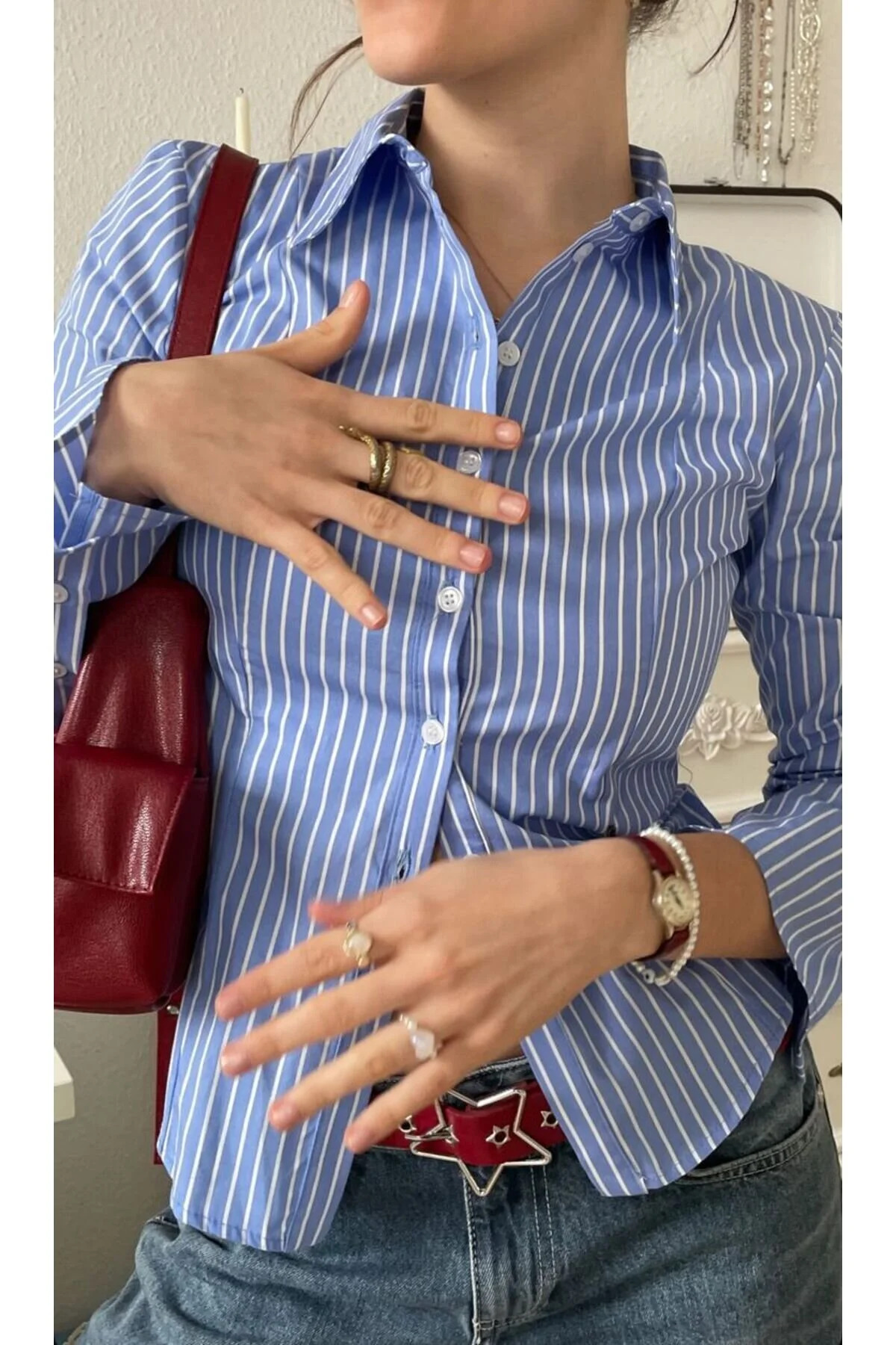 FİOX ATELİER  Kadın Mavi Çizgili Uzun Kollu Vücuda Oturan Gömlek Fio-120