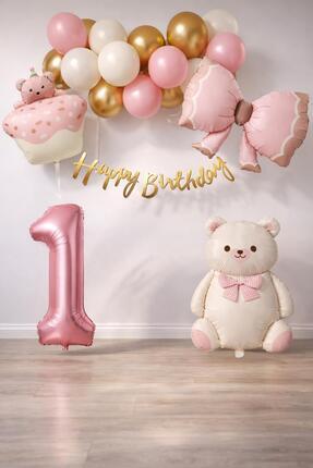 Patladı Gitti Retro 1 Yaş Ayıcık Temalı  Kız Bebek Konsept Doğum Günü Seti