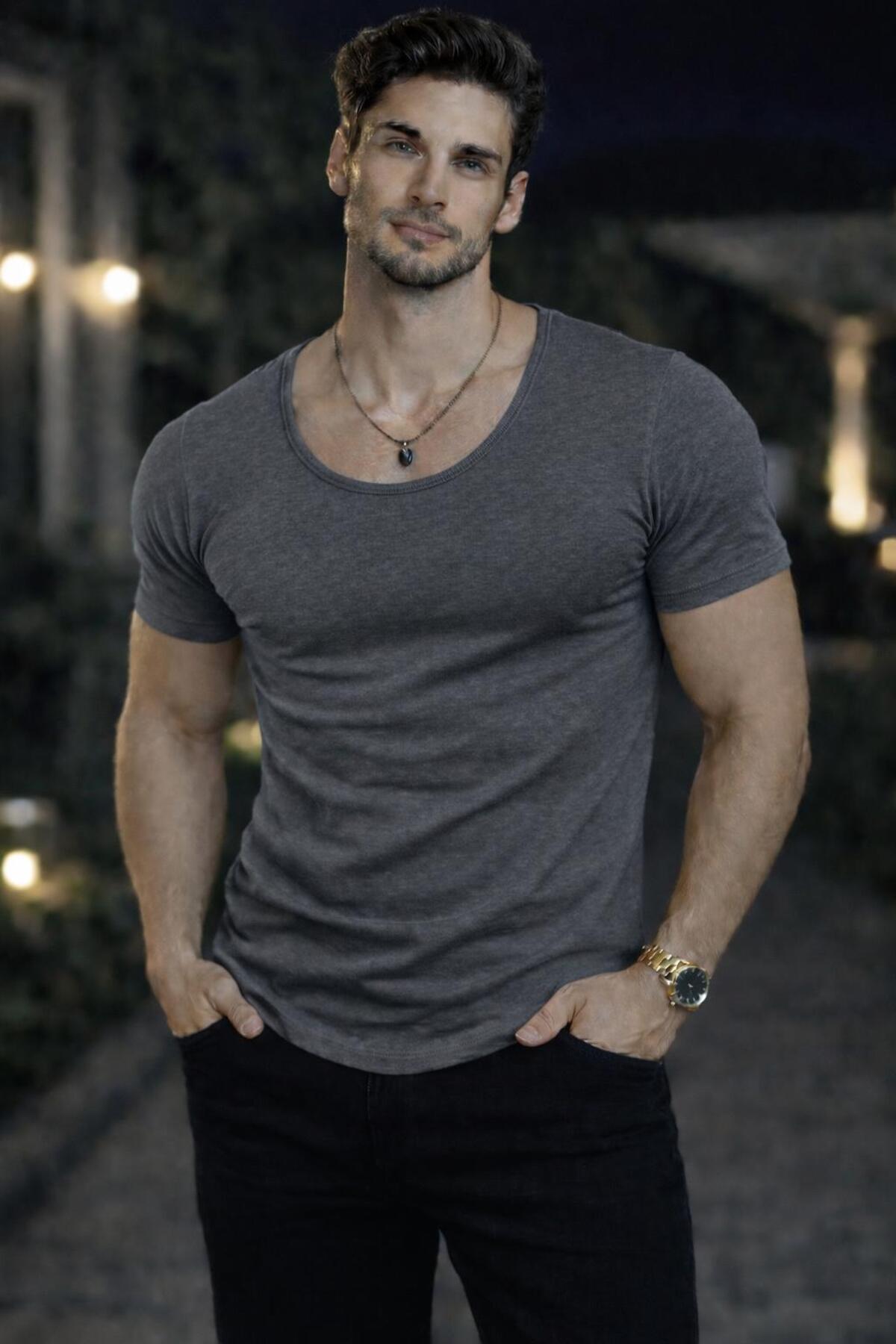 Men's Oval Neck T-Shirt Open Neck Lycra Slim Fit T-shirt Grey